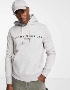 Tommy Hilfiger Embroidered Flag Logo Hoodie In Grey Marl For Men Cloud Heather