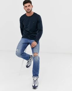 Tommy Hilfiger Slim Fit Classic Logo Long Sleeve T-shirt In Navy For Men Sky Captain -Tommy Hilfiger Store 13104102 4