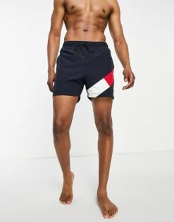 Tommy Hilfiger Flag Leg Logo Mid Length Swim Shorts In Navy For Men Desert Sky