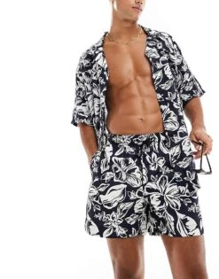 Tommy Hilfiger Bowling Shirt In Monochrome Tropical Print For Men Multi