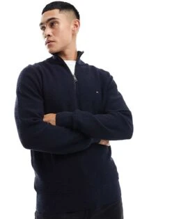 Tommy Hilfiger Oval Structure Zip Mock Jumper In Navy For Men