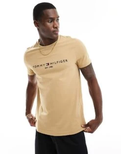 Tommy Hilfiger Logo T-shirt In Beige For Men