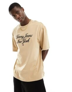 Tommy Jeans New York Script Logo T-shirt In Sand For Men Tawny Sand