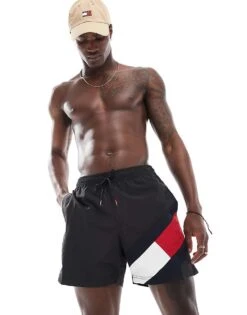 Tommy Hilfiger Medium Drawstring Swim Short With Flag Print In Black For Men