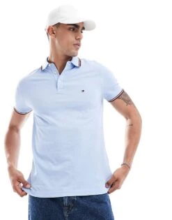 Tommy Hilfiger 1985 Slim Tipped Polo Shirt In Baby Blue For Men Vessel Blue