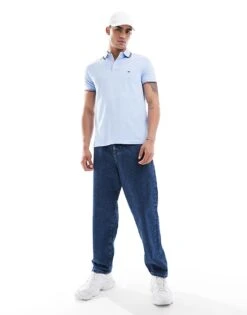 Tommy Hilfiger 1985 Slim Tipped Polo Shirt In Baby Blue For Men Vessel Blue -Tommy Hilfiger Store 206361763 4
