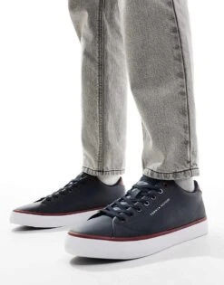 Tommy Hilfiger Vulcanised Leather Trainers In Navy For Men Desert Sky