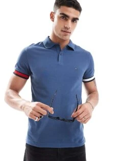 Tommy Hilfiger Logo Cuff Slim Fit Polo In Mid Blue For Men Aegean Sea