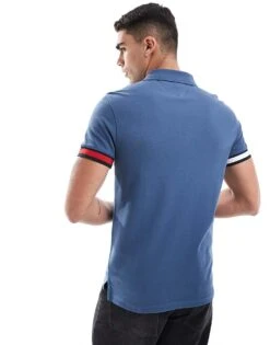 Tommy Hilfiger Logo Cuff Slim Fit Polo In Mid Blue For Men Aegean Sea -Tommy Hilfiger Store 206361938 3