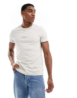 Tommy Hilfiger Small Logo Tipped T-shirt In Off White For Men Heathered Oatmilk