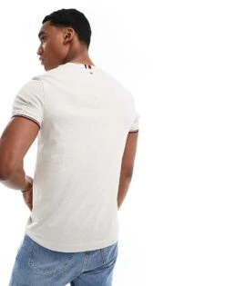 Tommy Hilfiger Small Logo Tipped T-shirt In Off White For Men Heathered Oatmilk -Tommy Hilfiger Store 206362037 4