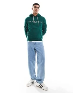 Tommy Hilfiger Logo Hoodie In Dark Green For Men Ornamental Green -Tommy Hilfiger Store 206362242 3