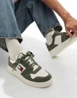 Tommy Jeans Basket Trainers In White And Green For Men Washed Army -Tommy Hilfiger Store 206379604 3