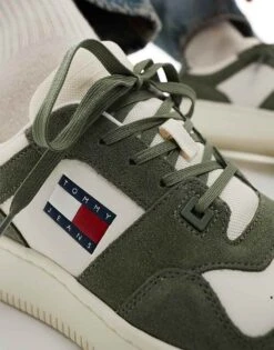 Tommy Jeans Basket Trainers In White And Green For Men Washed Army -Tommy Hilfiger Store 206379604 4