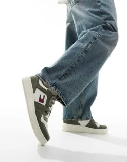 Tommy Jeans Basket Trainers In White And Green For Men Washed Army -Tommy Hilfiger Store 206379604 5