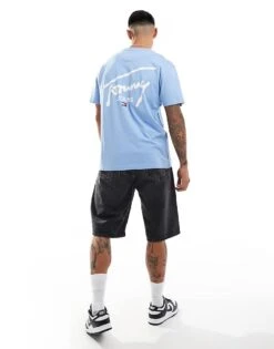 Tommy Jeans Signature Logo Back Print T-shirt In Pale Blue For Men Westside Blue
