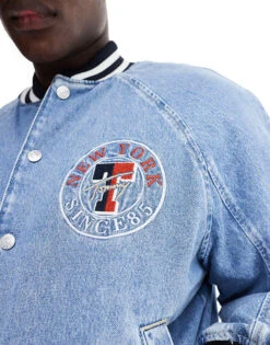 Tommy Jeans Letterman Denim Jacket In Light Wash For Unisex Denim Light -Tommy Hilfiger Store 206379766 2