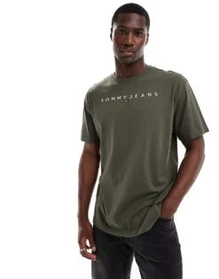 Tommy Jeans Linear Logo T-shirt In Khaki Green For Men Fatigue Green