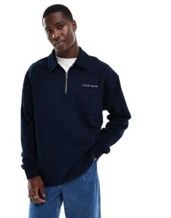 Tommy Jeans Small Logo 1/4 Zip Sweatshirt In Washed Navy For Men -Tommy Hilfiger Store 206380214 1 navy 1