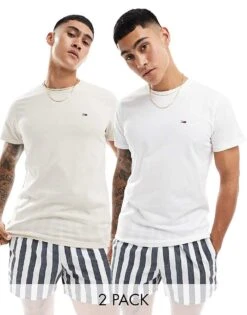 Tommy Jeans 2 Pack Slim Logo T-shirts In White And Beige For Men Newsprint / White -Tommy Hilfiger Store 206380280 1 newsprintwhite 1
