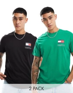 Tommy Jeans 2 Pack Large Flag Logo T-shirts In Green And Black For Men