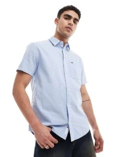 Tommy Jeans Linen Short Sleeve Shirt In Blue For Men Westside Blue