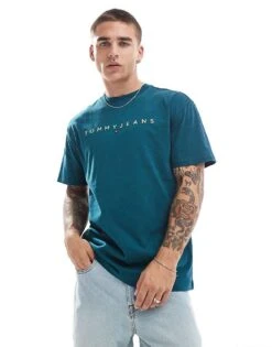 Tommy Jeans Gold Linear Logo T-shirt In Green For Men Deep Seawater