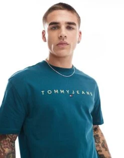 Tommy Jeans Gold Linear Logo T-shirt In Green For Men Deep Seawater -Tommy Hilfiger Store 206858707 3