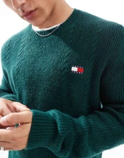 Tommy Jeans Cable Knit Jumper In Dark Green For Men Deep Seawater -Tommy Hilfiger Store 206858851 3