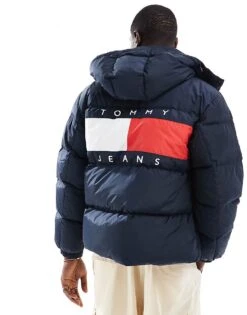 Tommy Jeans Alaska Puffer Jacket With Back Flag Graphic In Navy For Men Dark Night Navy
