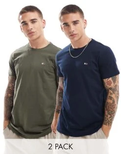 Tommy Jeans 2 Pack Slim Flag Logo T-shirts In Dark Khaki And Navy For Men Green/navy