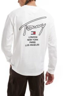 Tommy Jeans Signature Back Print Long Sleeve T-shirt In White For Men