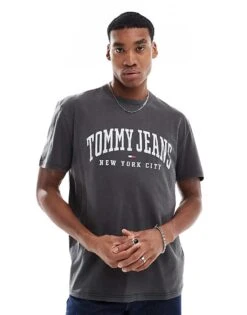 Tommy Jeans Varsity Logo T-shirt In Washed Grey For Unisex Black