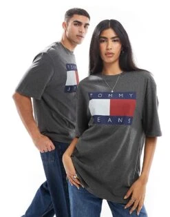 Tommy Jeans Unisex Large Flag Logo T-shirt In Charcoal Grey For Unisex New Charcoal