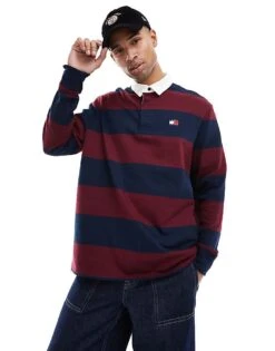 Tommy Jeans Stripe Rugby Top In Navy And Burgundy For Men Rouge/navy