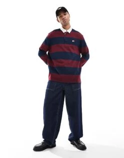 Tommy Jeans Stripe Rugby Top In Navy And Burgundy For Men Rouge/navy -Tommy Hilfiger Store 206859796 3