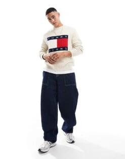 Tommy Jeans Large Flag Logo Jumper In Off White Melange For Men Newsprint Melange -Tommy Hilfiger Store 206859993 1 newsprintmelange 1
