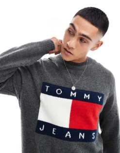 Tommy Jeans Large Flag Logo Jumper In Grey Melange For Men New Charcoal Melange