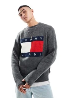 Tommy Jeans Large Flag Logo Jumper In Grey Melange For Men New Charcoal Melange -Tommy Hilfiger Store 206860125 3