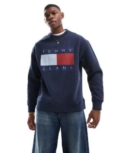 Tommy Jeans Large Flag Logo Sweatshirt In Navy For Men