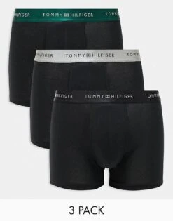 Tommy Hilfiger Tommy Hilfiger Signature Essential 3 Pack Trunk In Black With Green/grey/black Waistbands For Men
