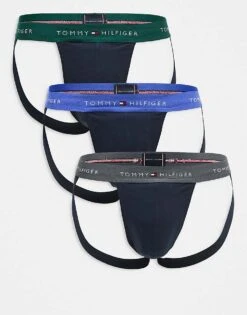 Tommy Hilfiger Signature Essential 3 Pack Jock Strap With Coloured Waistband In Black For Men