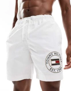 Tommy Hilfiger Logo Long Drawstring Swim Short In White For Men