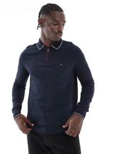 Tommy Hilfiger Long Sleeve Half Zip Polo In Navy For Men Desert Sky