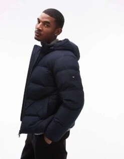 Tommy Hilfiger Down Hooded Puffer Jacket In Navy For Men Desert Sky