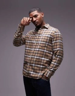 Tommy Hilfiger Brushed Shadow Check Shirt In Tan For Men Safari/ Multi