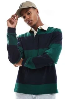 Tommy Hilfiger Stripe Rugby Shirt In Navy And Dark Green For Men Green/desert Sky