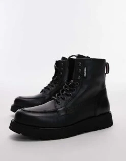 Tommy Hilfiger Lace Up Leather Boots In Black For Men