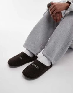 Tommy Hilfiger Teddy Slippers In Dark Brown For Men Dark Coffee