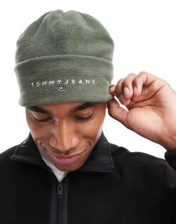 Tommy Jeans Linear Logo Fleece Beanie In Army Green For Men Deep Woods -Tommy Hilfiger Store 206885500 3